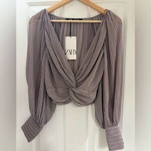 Zara pleated knot long sleeve v neck crop top size small NWT